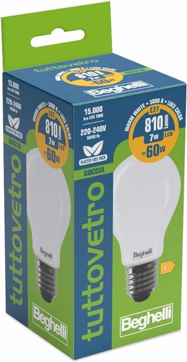 Image du produit Beghelli Ampoule à économie d'énergie tout-verre Blanc chaud 3000 K 7 W E27 E (E27, 810 lm, 1 x)