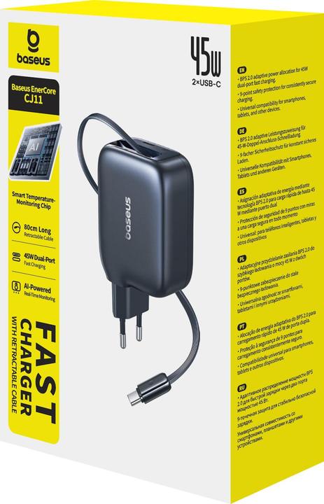 Actual product image Baseus EnerCore CJ11 Charger Retractable 2C 45W EU Black (45 W, 2 ports)