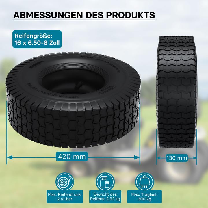 Produktbild Wiltec Reifen für den Aufsitzmäher 16x6.50-8 4pr mit Schlauch und geradem Ventil (Rasenmäher, Rasentraktor, Gartenmaschinen Ersatzteile)