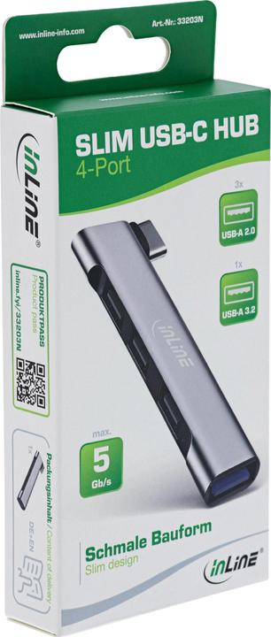 Actual product image InLine Slim USB-C hub, 4-port, USB 3.0 + 3x USB 2.0, slim design (USB-C, 4 Ports)