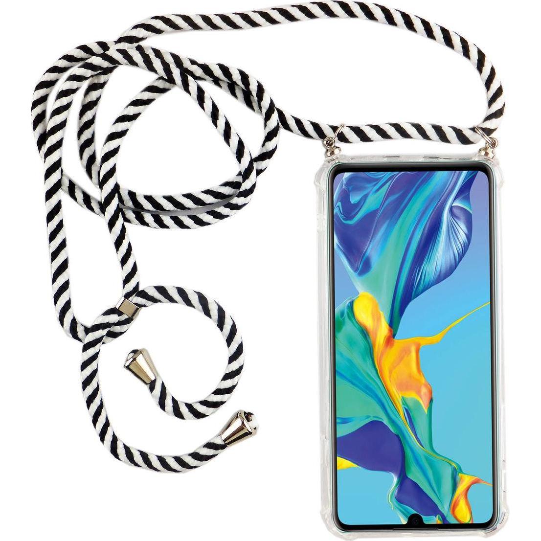 König Design Huawei P30 Handykette Hülle mit Band Case zum umhängen mit Kordel Tasche Schwarz, Handykette, Transparent