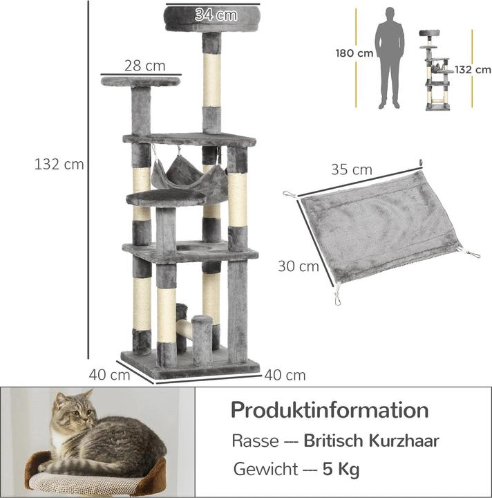 Immagine prodotto PawHut Albero per gatti con amaca (132 cm, Dgrey)