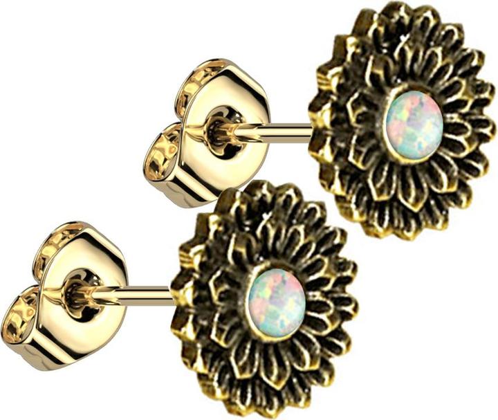 Produktbild Star Piercing Ohrstecker vergoldet Lotus Blume Opal weiss (Messing)