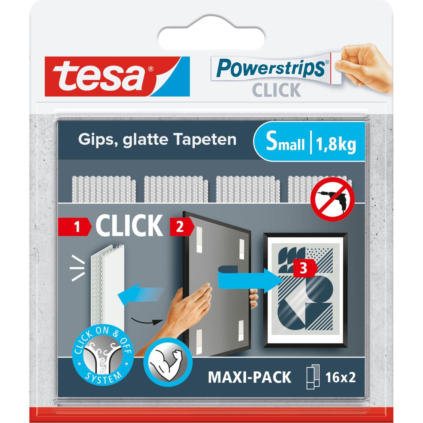 tesa, Klebehaken + Klebenagel, Powerstrips CLICK - Klett-Klebepads - Bilder aufhängen ohne Bohren - Small 1,8kg - 16 x 2...