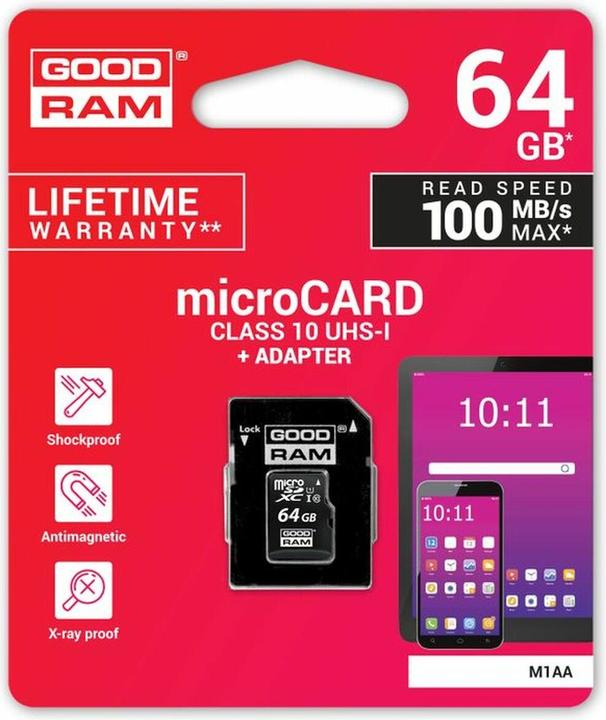 Produktbild Goodram Microcard M1AA + adapter (64 GB, microSDXC, U1, UHS-I)