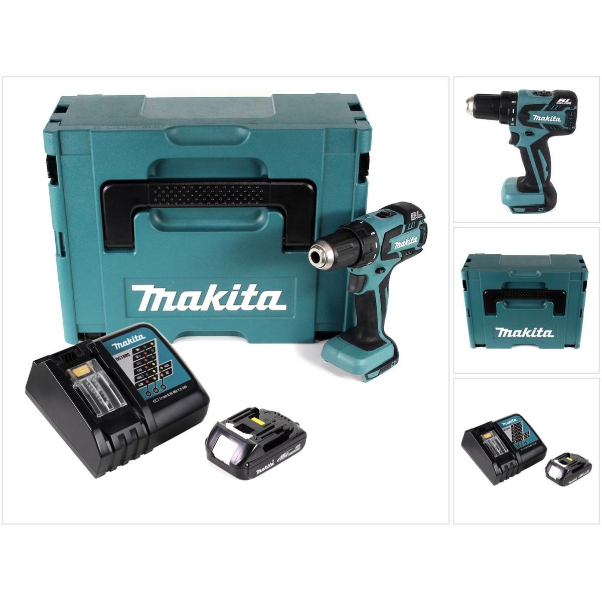 Makita, Trapano + Avvitatore a batteria, DDF 459 Y1J Trapano avvitatore a batteria 18V in valigetta Makpac + 1x Batteria 1,5 Ah + Cari