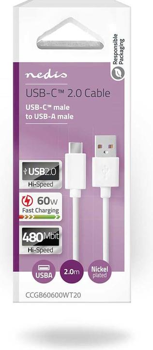 Produktbild Nedis CCGB60600WT20 USB-Kabel USB 2.0 USB-A Stecker USB-C™ Stecker 480 Mbps Vernickelt 2.00 m Rund P (2 m, USB 2.0, 60 W)