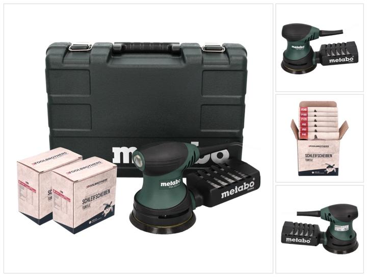 20x Toolbrothers TURTLE 125 mm P40, 20x Toolbrothers TURTLE 125 mm P60, 1x Koffer, 1x Faltenfilter, 20x Toolbrothers TURTLE 125 mm P180, 20x Toolbrothers TURTLE 125 mm P240, 20x Toolbrothers TURTLE 125 mm P120, 20x Toolbrothers TURTLE 125 mm P80, 1x Metabo FSX 200 Exzenterschleifer, 1x Staubauffangkassette