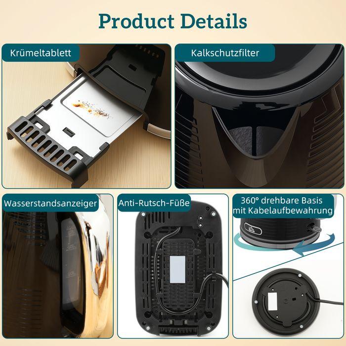 Produktbild Swisshandel24 Wasserkocher- und Toaster-Set, 2200W, 7 Bräunungsstufen, Krümelfach, Schwarz (1.70 l)