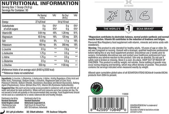 Nutritional values and ingredients Xtend Bcaa (1 pcs., Powder, 1330 g)