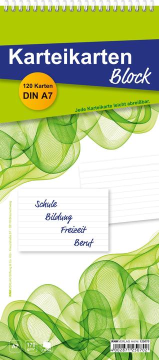 Produktbild Rnk Verlag Karteikartenblock, DIN A7 Karten, liniert, weiá (A7, 170 g/m², 120 x)