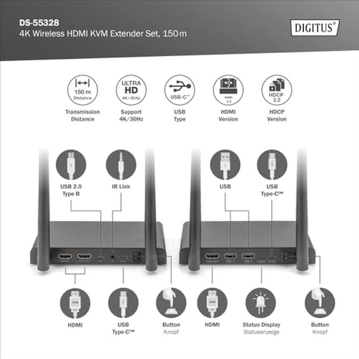 Image du produit Digitus Kit extender/diviseur HDMI sans fil 4K, 1x4 200 m, 1x TX, 1x RX