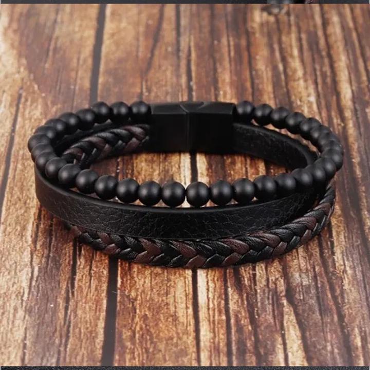 Immagine prodotto Cbx Bracciale in pelle con perline e fibbia magnetica 22 cm (22 cm, Cuoio, Acciaio inossidabile)