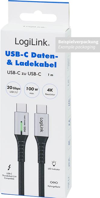 Produktbild LogiLink USB 3.2 Gen2x2 Type-C-Kabel, C/M zu C/M, 20 Gbit/s, 100W, 4K, LED, Metall, schwarz, 1 m (1 m, USB 3.2 Gen 2x2, 100 W)