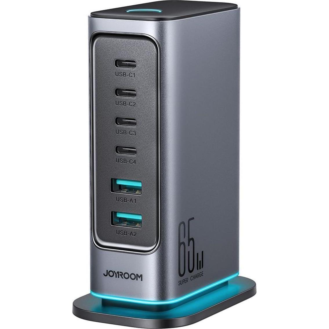Joyroom JR-TCM02 GaN 65W Ladegerät Ladestation 4xUSB-C 2xUSB-A UK Stecker - grau (65 W), Caricatore USB, Grigio