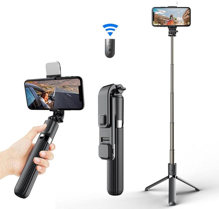 Techsuit - Selfie Stick (L03S) - with Bluetooth Remote, Stable Tripod Mount, Led Light, 84cm - Black