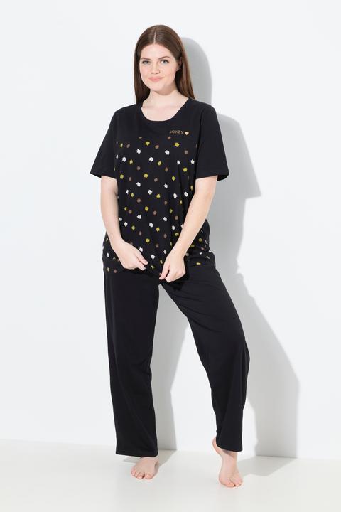 Image du produit Ulla Popken Pyjama 2 pièces, pantalon + haut à fleurs avec broderie, décolleté rond et manches courtes (42, 44)
