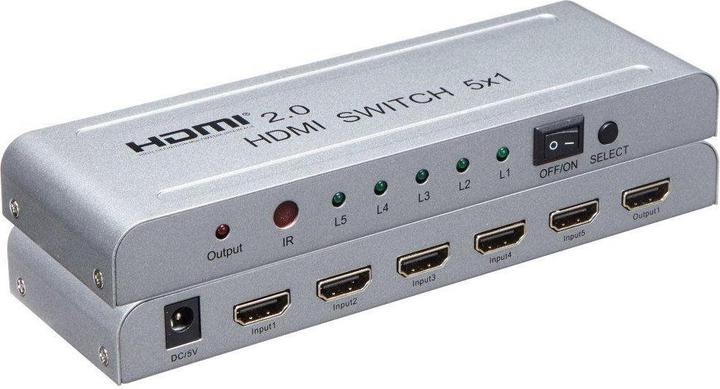 PremiumCord 4Kx2K@ HDMI switch 5:1 kovovÃ½ s dÃ¡lkovÃ½m ovladaÄem a napÃ¡jecÃ­m adaptÃ©rem