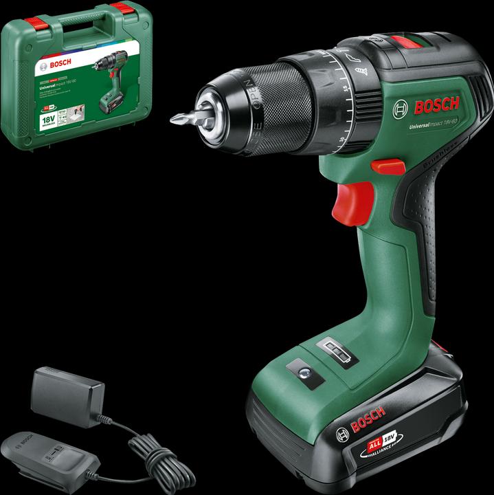 Battery charger, Carrying cases, 1x screwdriver bit, 1 x 2 Ah battery, 1x UniversalImpact 18V-60 cordless drill/driver
