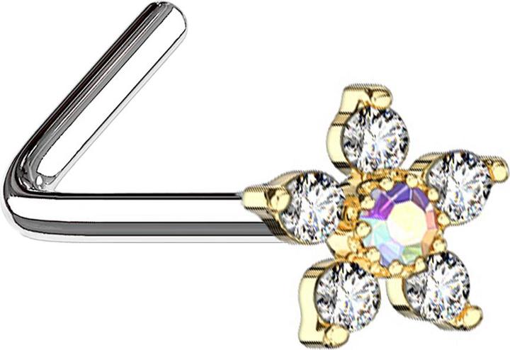 Produktbild Star Piercing Nasenstecker gewinkelt vergoldet Blume mit Kristall multicolor und silber (Messing, Chirurgenstahl 316L)