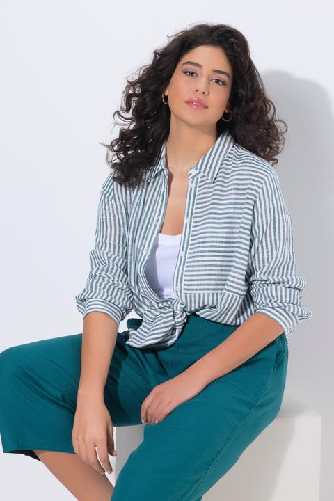 Produktbild Ulla Popken Bluse, Leinenmix, Patchmuster, Hemdkragen, Langarm (58)