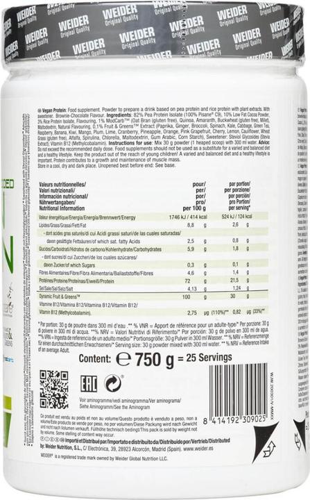 Valori nutrizionali e ingredienti Weider Proteine vegane (750 g, 1 x, Brownie al cioccolato)