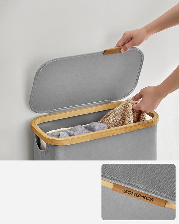 Produktbild Songmics Wäschekorb zusammenklappbar mit Bambusgriffen taubengrau (65 l)