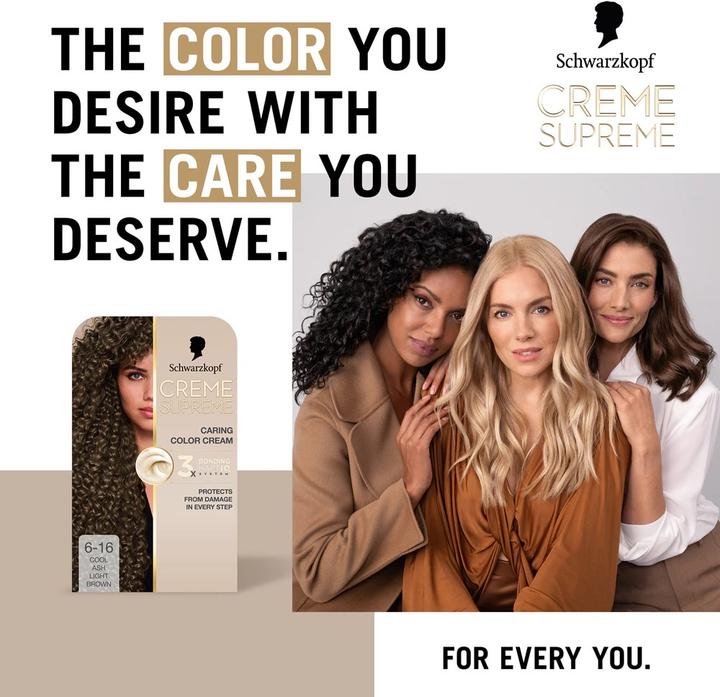 Actual product image Schwarzkopf Creme Supreme Hair Color Shade 616 Cool Ash Light Brown (Light brown)