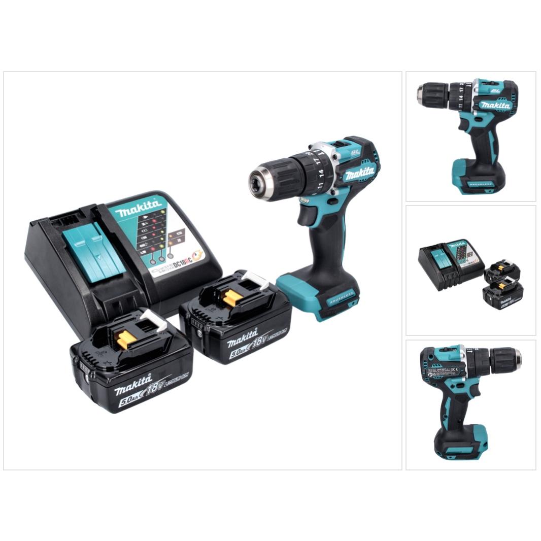Makita, Bohrmaschine + Akkuschrauber, DHP 487 RT Akku Schlagbohrschrauber 18 V 40 Nm Brushless + 2x Akku 5,0 Ah + Ladege...