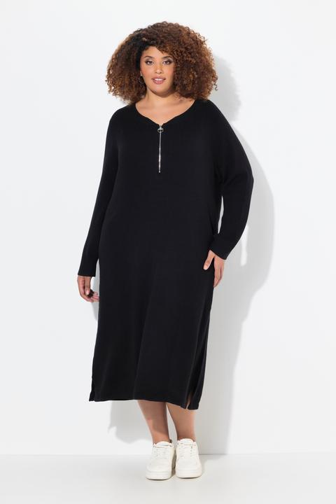 Produktbild Ulla Popken Rippjersey-Midikleid, Zipper, A-Linie, V-Ausschnitt, Langarm (50, 52)