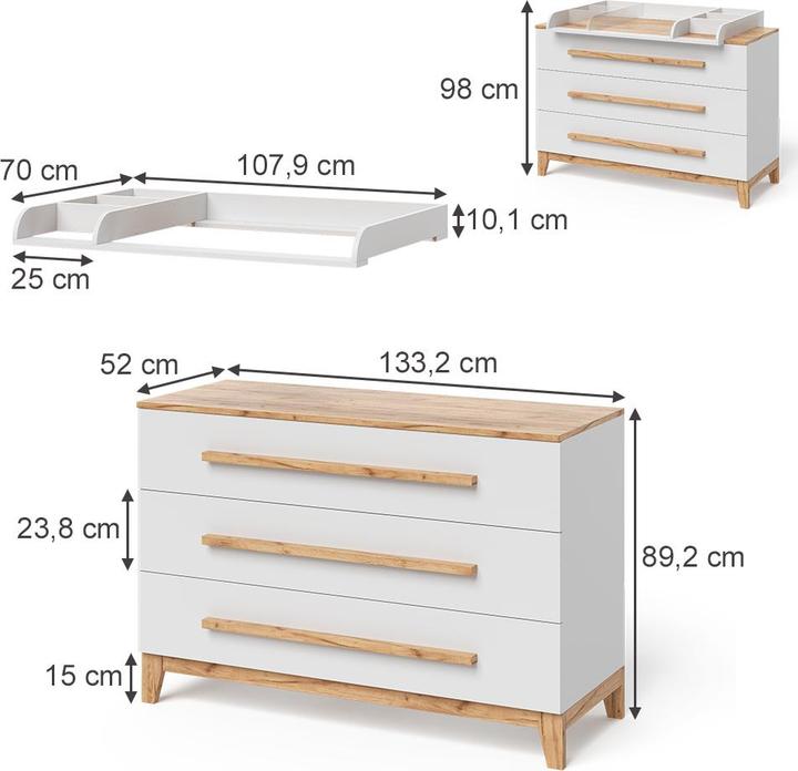 Produktbild VitaliSpa Wickelkommode Malia, Weiss/Artisan, 133.2 x 98 cm mit 3 Schubladen