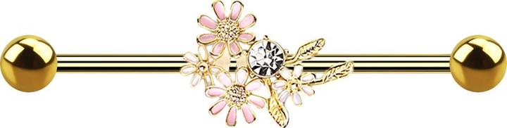 Produktbild Star Piercing Barbell 14k vergoldet mit Blumenstrauss (Messing, Chirurgenstahl 316L)