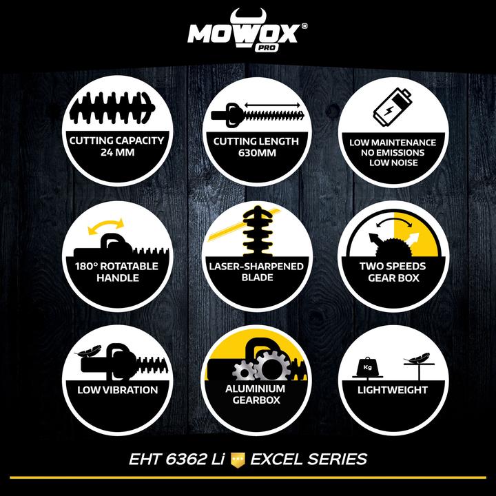 Produktbild Mowox | Excel Series Hand Held Battery Hedge Trimmer With Rotating Handle EHT 6362 Li Cordless (Akkubetrieb)