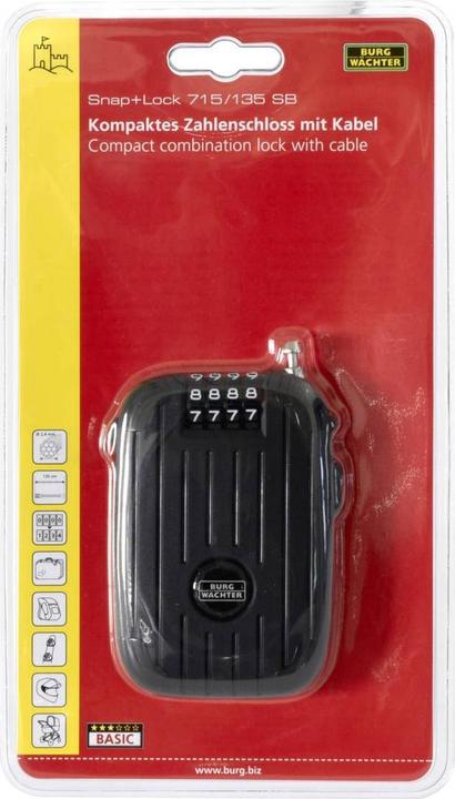 Produktbild Burg Wächter Snap+Lock 715/135 SB Kabelschloss Schwarz Zahlenschloss (135 cm)