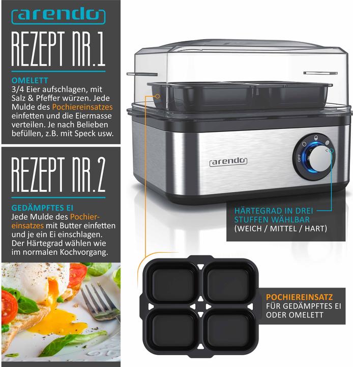 Produktbild Arendo Edelstahl Eierkocher 8-fach, 500 W, Edelstahl, Warmhaltefunktion, Härtegrad einstellbar, silber