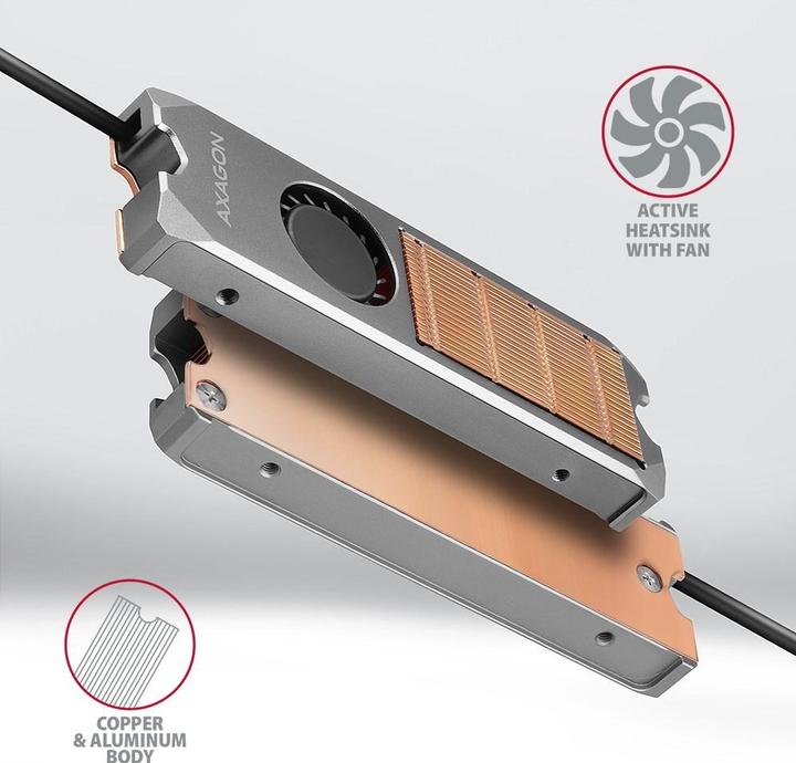 Produktbild Axagon CLR-M2FAN computer cooling system Solid-state drive Heatsink/Radiatior Grey 1 pc(s)