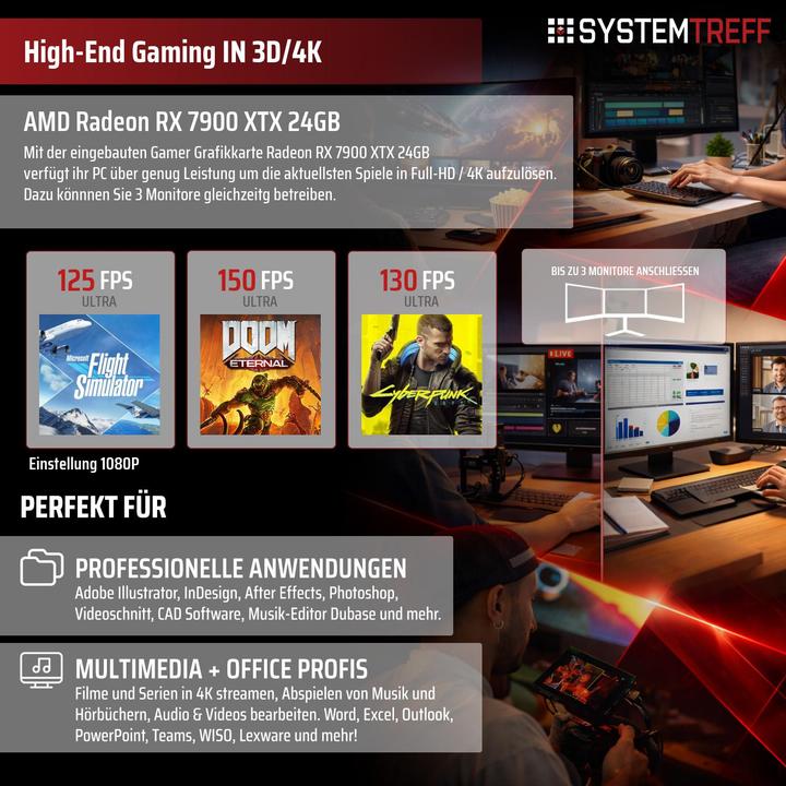 Produktbild SYSTEMTREFF Gaming PC G245152 (2000 GB, 32 GB, Intel Core Ultra 7 265KF, Radeon RX 7900 XTX)