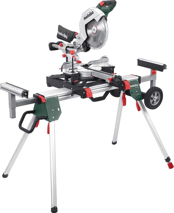Werkzeug für Sägeblattwechsel, Kabelaufwicklung, Materialklemme, Spänefangsack, Ablänganschlag, 2 integrierte Tischverbreiterungen, Metabo KGS 305 M Kappsäge, Maschinenständer KSU 251