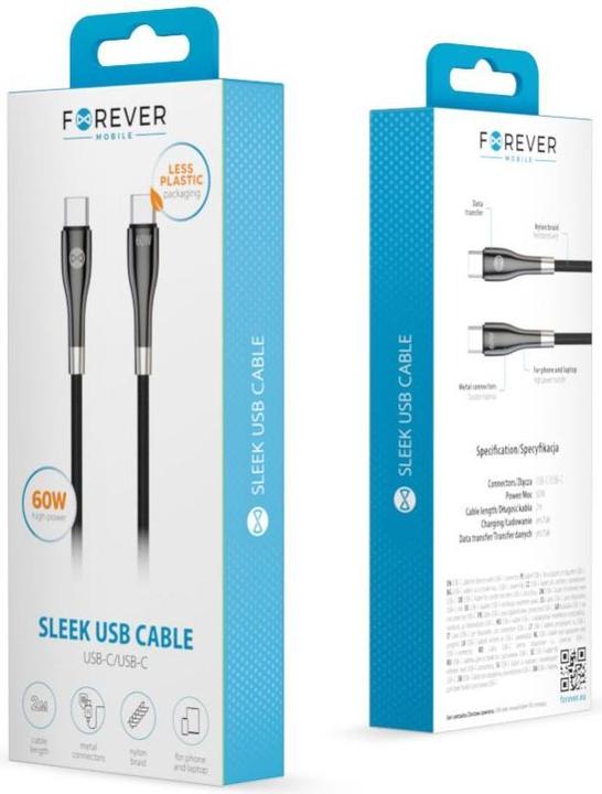 Image du produit Forever Câble élégant USB-C - USB-C 2,0 m 60W noir (2 m, USB 2.0, 60 W)
