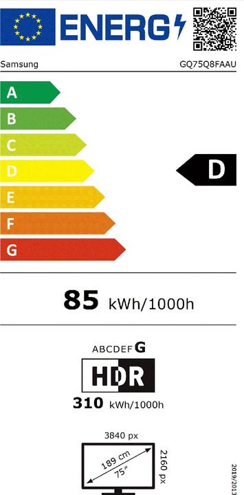 Energie-Label Samsung 75" QLED Q8F 4K Vision AI Smart TV 2025 (75", Q8F, QLED, 4K, 2025)
