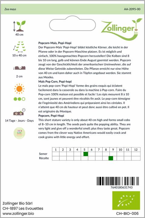 Image du produit Zollinger Bio Maïs à pop-corn, Popi-Hopi (Germes)