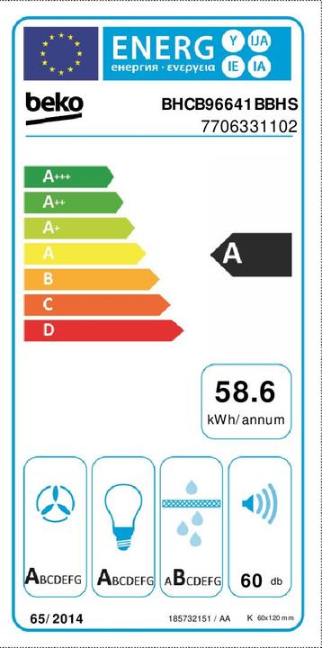 Label énergétique Beko Hotte de cheminée BHCB96641BBHS A (Hotte murale)