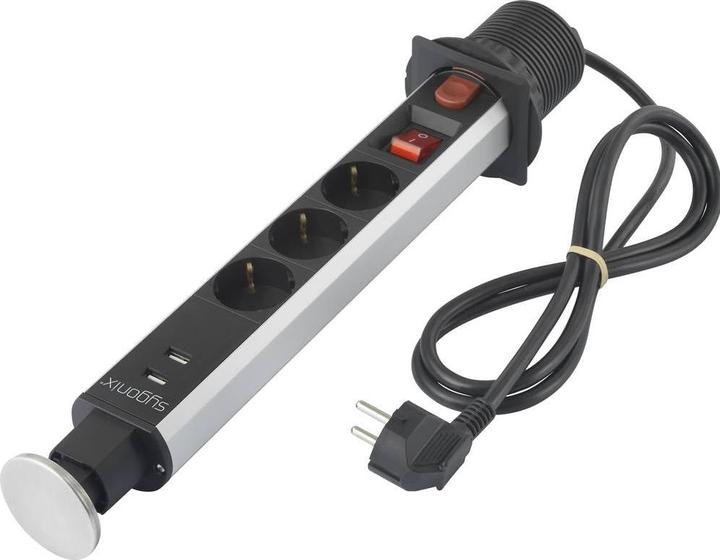 Actual product image Sygonix SY-4755590 Multiple socket outlet with switch Black Silver Earth contact 1 pc. (3 x, CEE 7/3, 1.40 m)