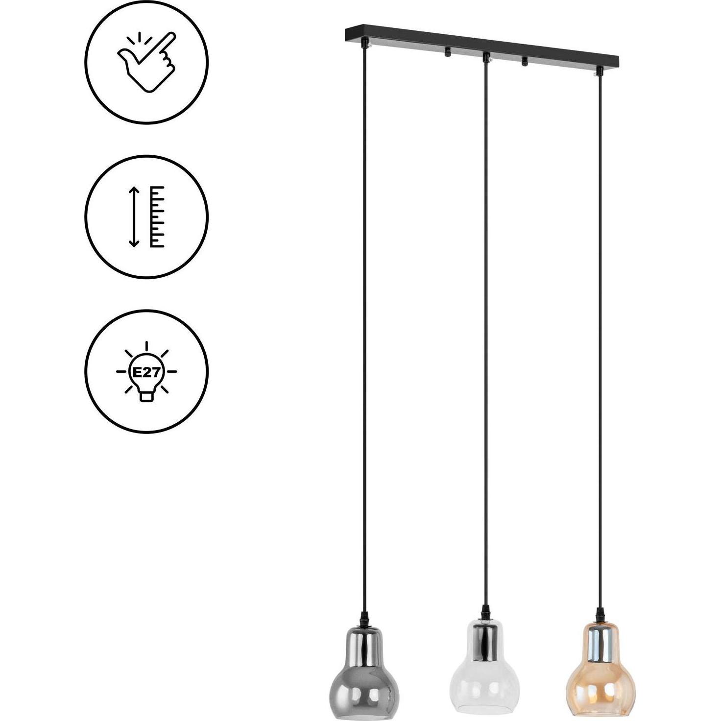 Uniprodo, Pendelleuchte, Pendelleuchte 3 Lampenschirme Rauchglas E27 Hängelampe Hängeleuchte Deckenlampe (E27)