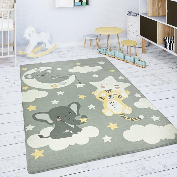 Produktbild Paco Home Kinderteppich Teppich Stern Wolke Tiger Elefant Grau - 155x230 cm (155 x 230 cm)