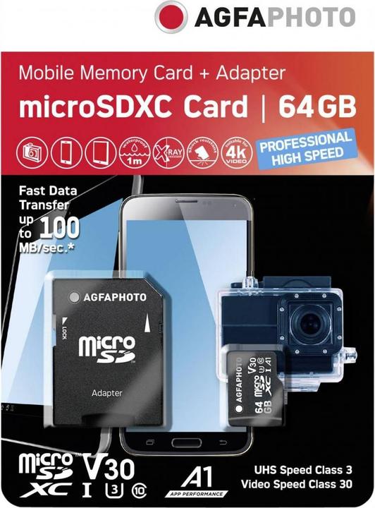 Actual product image AGFAPHOTO MicroSDXC UHS-I 64GB High Speed C 10 U3 V30 + Adapter (64 GB, microSDXC, U3, UHS-I)