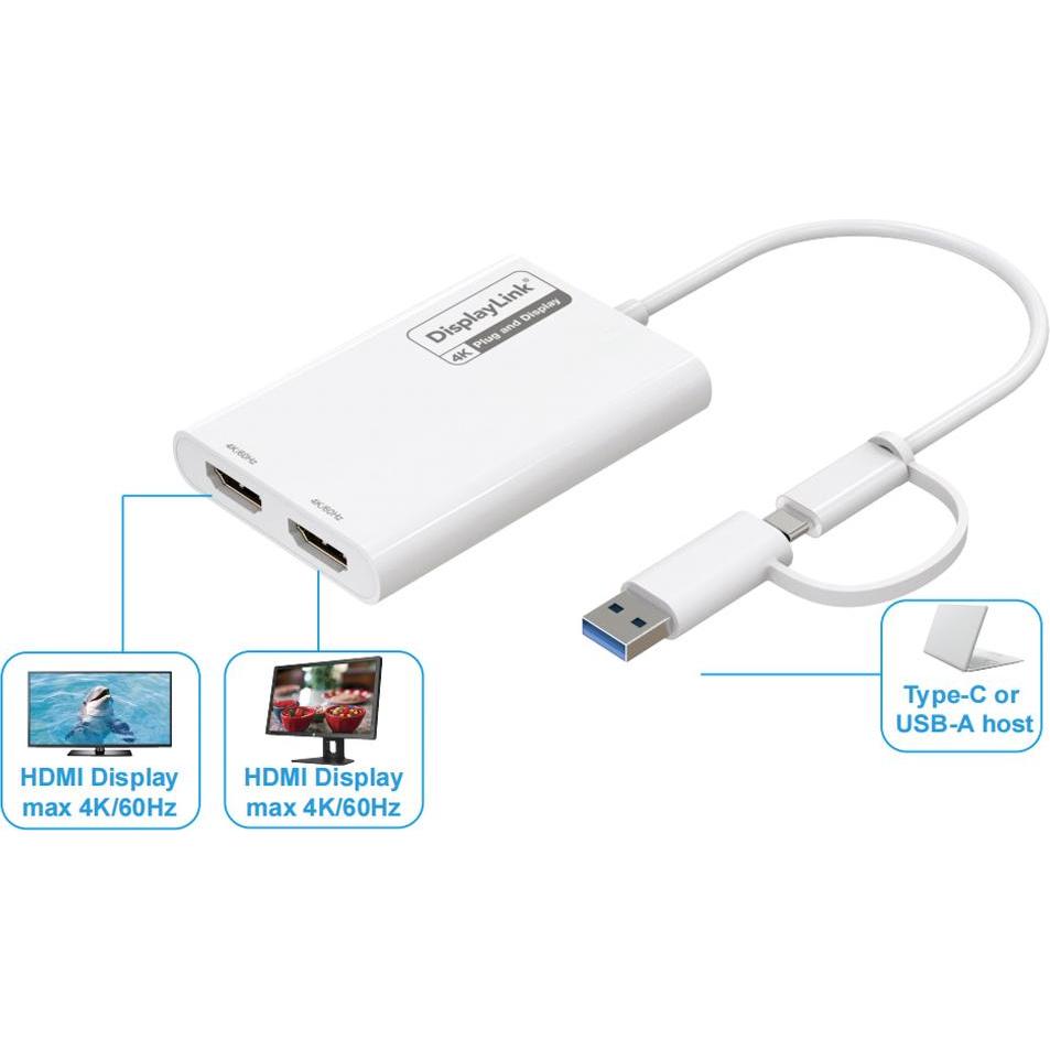 Roline Adaptateur USB-C/A double HDMI DisplayLink, 4K60 (HDMI, USB Typ-C, 18 cm), Data + Video Adapter, Weiss