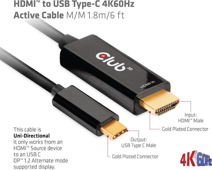 Immagine prodotto Club 3D HDMI (tipo A) - USB tipo C (1.80 m)