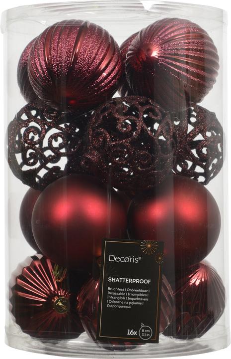Decoris 8 cm Shatterproof Christmas Tree Ornaments, Oxblood, 16 pcs (16-part)