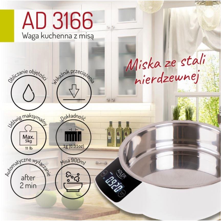 Thumbnail - Adler AD 3166 Küchenwaage Edelstahl Arbeitsplatte Oval Elektronische Küchenwaage, Küchenwaage, Weiss